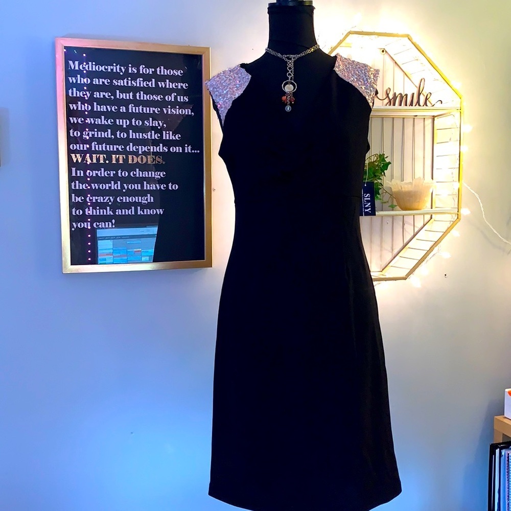 🌟 SLNY |  Black Cocktail Dress With Blush Sequin Detail
